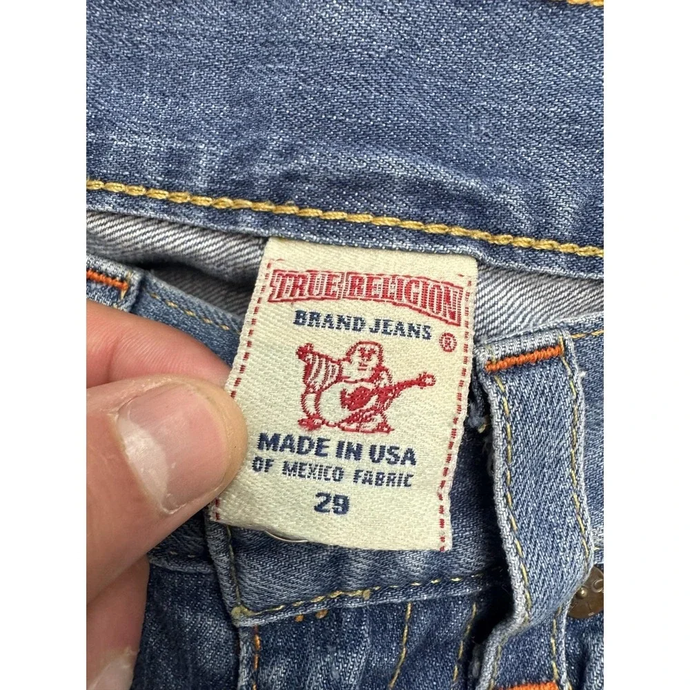 True Religion Jeans Mens 29x32 Blue Ricky Straight Distressed Denim Embroidered